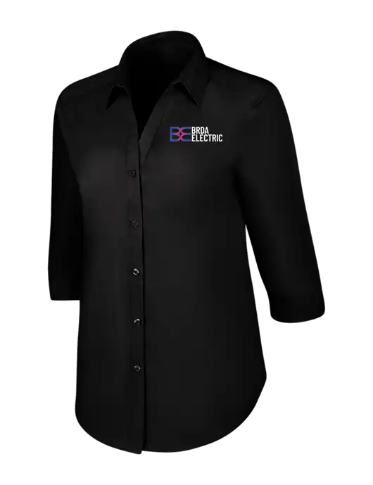Womens Black 3/4 Sleeve Carefree Poplin Shirt w/Brda Electric Logo