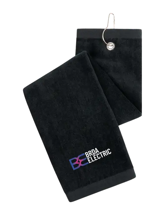 Black Tri-Fold Golf Towel with Grommet w/Brda Electric Logo