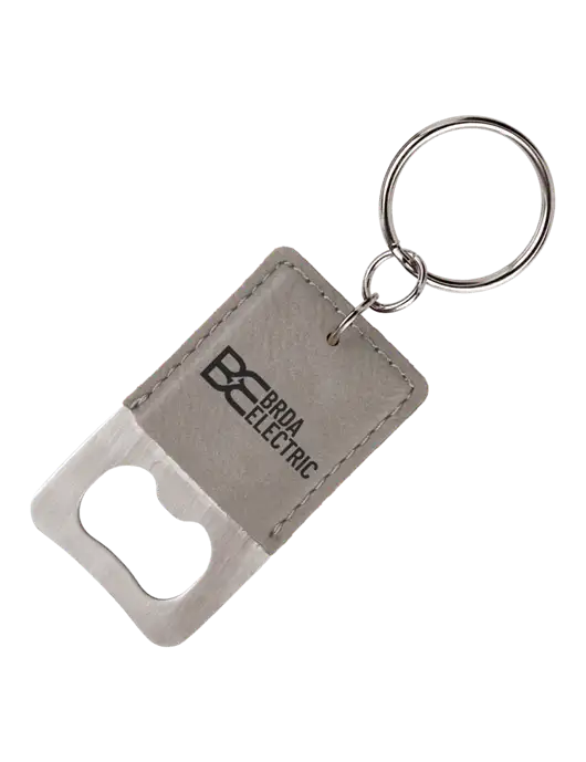 Grey Leatherette Rectangle Bottle Opener Keychain w/Brda Electric Logo