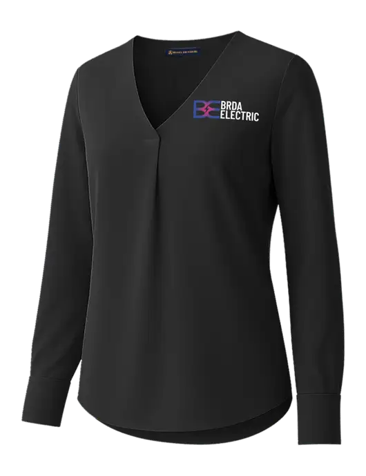 Brooks Brothers Womens Black Open-Neck Satin Blouse  w/Brda Electric Logo