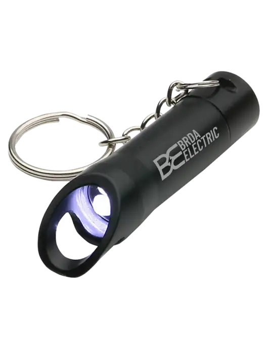 Black Pocket LED Flashlight with Bottle Opener & Keychain w/Brda Electric Logo